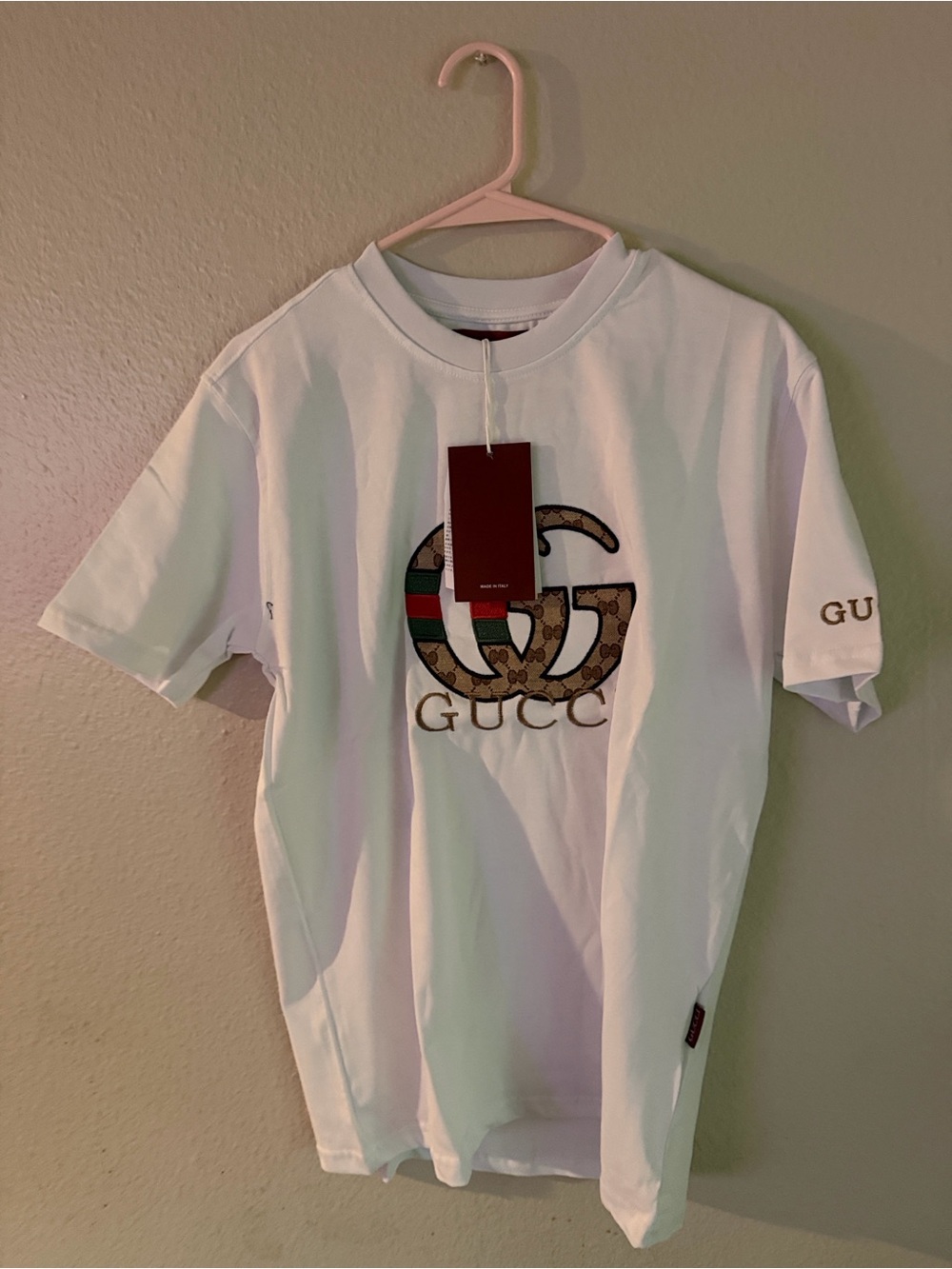 Gucci White Short Sleeve Tee with Brown GG Logo and Green-Red Stripe